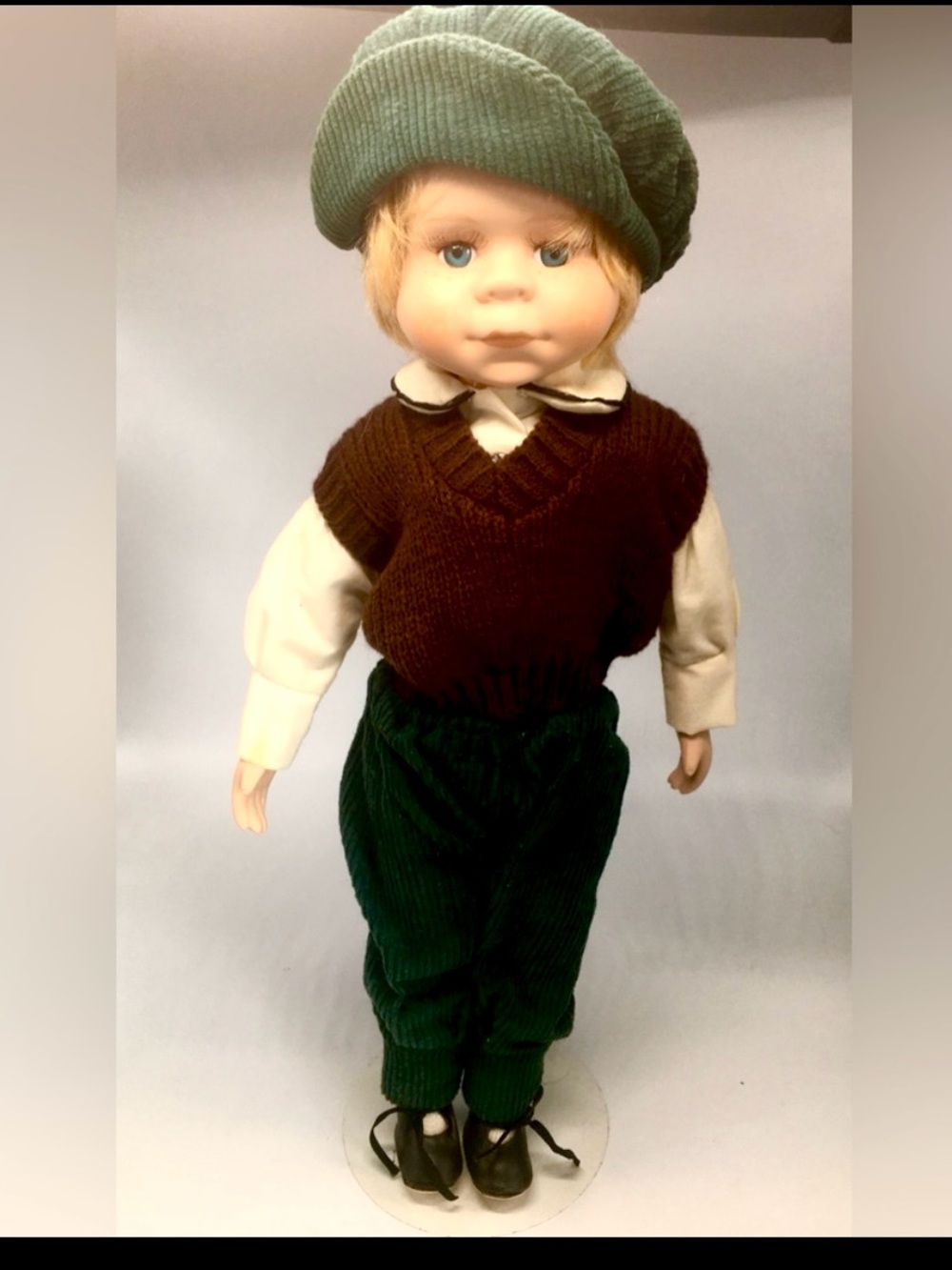 VTG English Lad Blonde Hair Blue Eyed Freckled 16” Boy Doll w’ Metal Stand